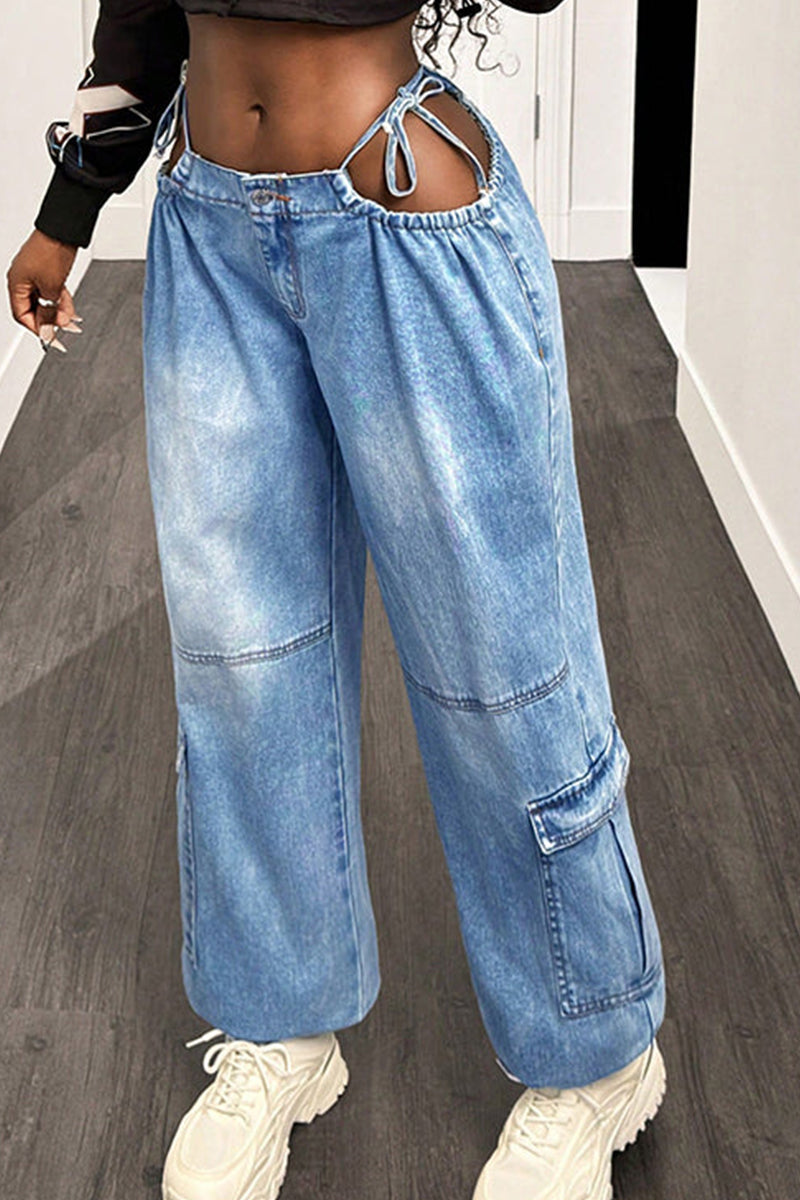 Women's Casual Lace Up Wide Leg Jeans