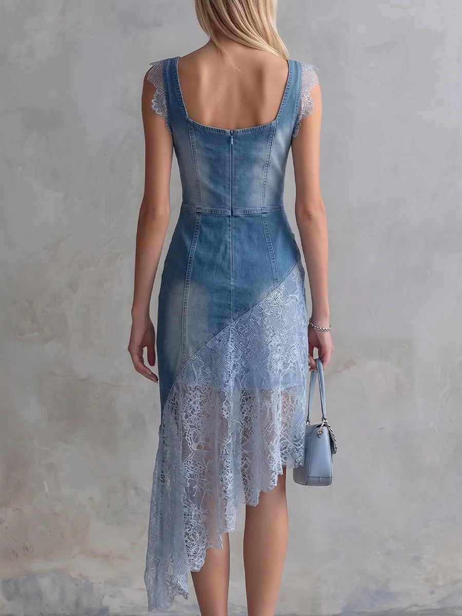 Women's Square-neck Sleeveless Slim-fit Casual Denim-paneled Dress