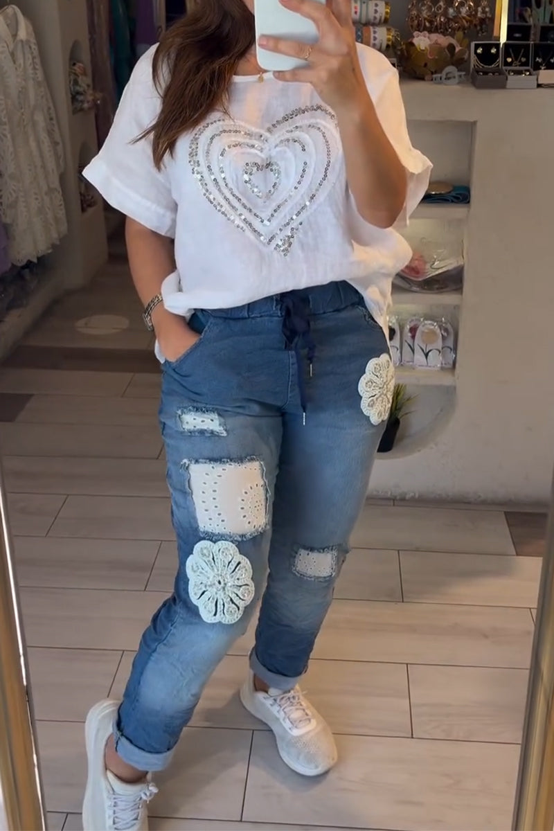 Women's Round Neck Heart-shaped Sequin Top or Spliced Washed Denim Jeans