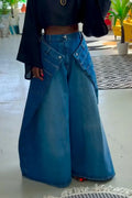 Women's Casual Silhouette Design Layered Wide Leg Jeans