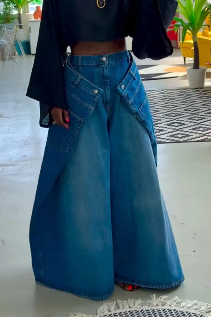 Women's Casual Silhouette Design Layered Wide Leg Jeans