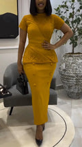 Women Round Neck Printed Patchwork Solid Color Elegant Temperament Dress
