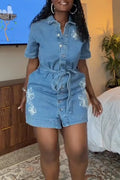 Women Collar Embroidered Flower Breasted Casual Denim Dress
