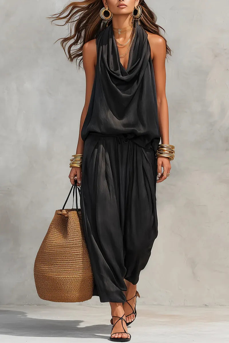 Women's Pure Cotton Vacation Style Monochrome High Neck Vest - And Straight Leg Pantss