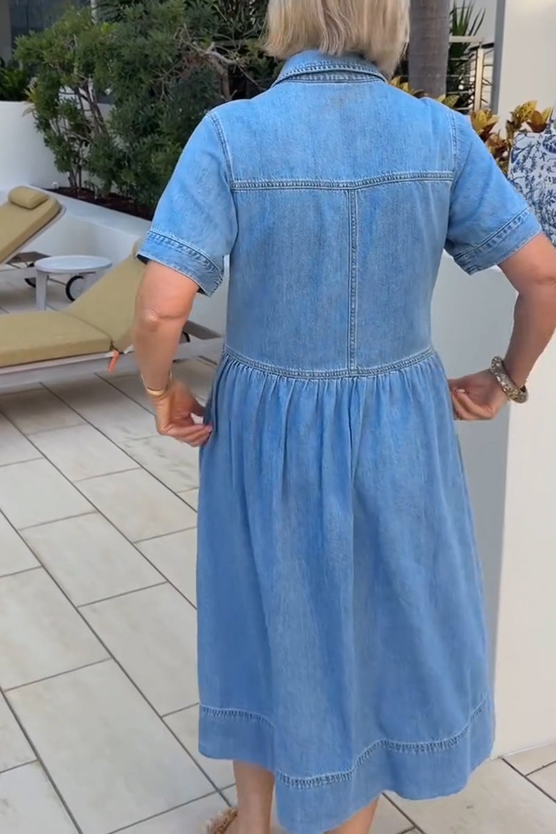 Women's Casual Short Sleeve Waist-Pleated Denim Dress