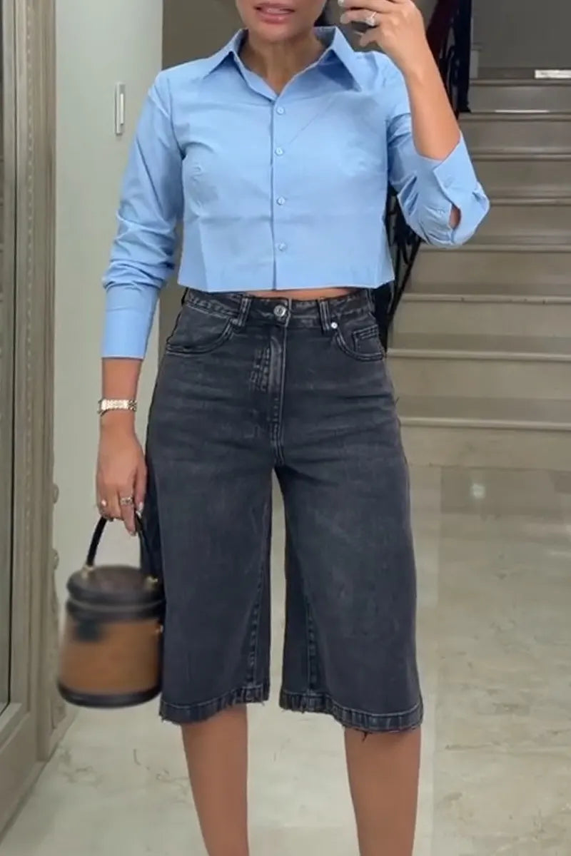 Women's Washed Denim Casual Cropped Pants