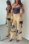 Women's Casual Color Block Pocket Streamer Decoration Pants