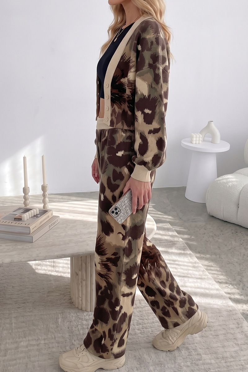 Women's 2-Piece Animal Print Loungewear Set Contrast Trim Button Front Cardigan and Matching Pants Co-ord