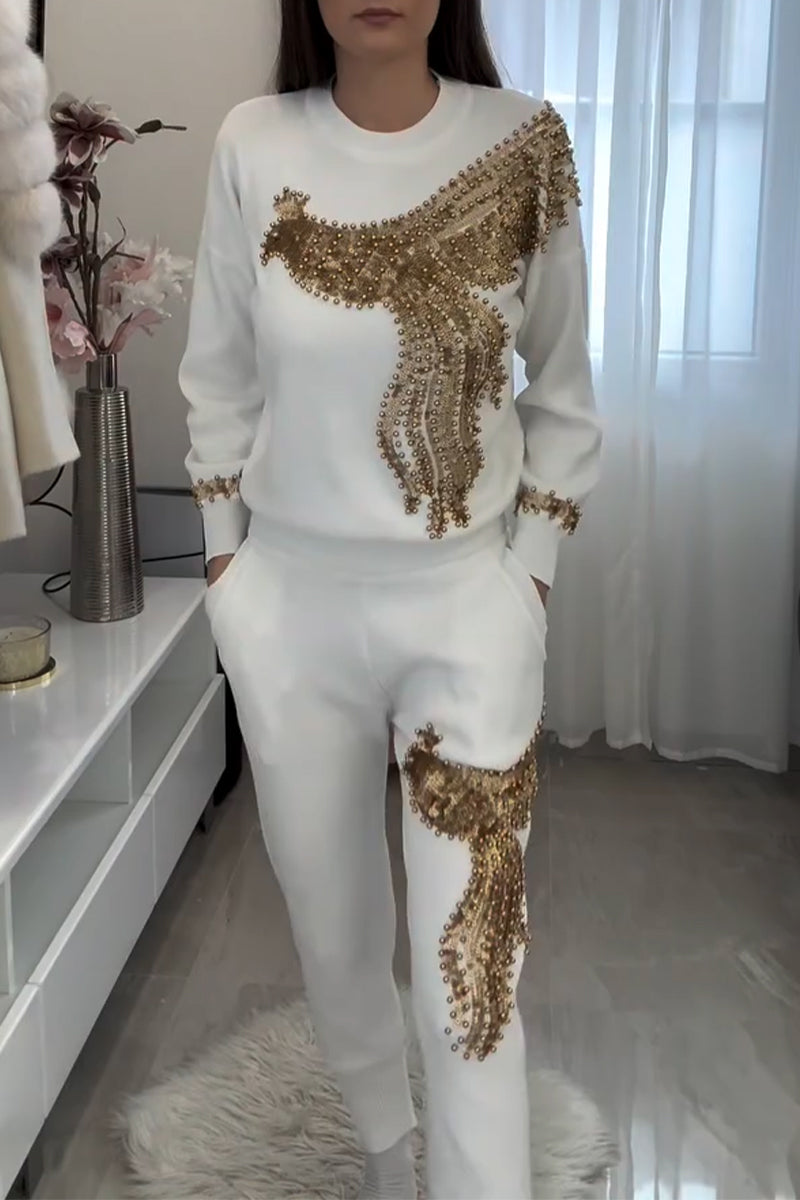 Women's Casual Round Neck Nail Bead Sequin Pattern Top or Pants