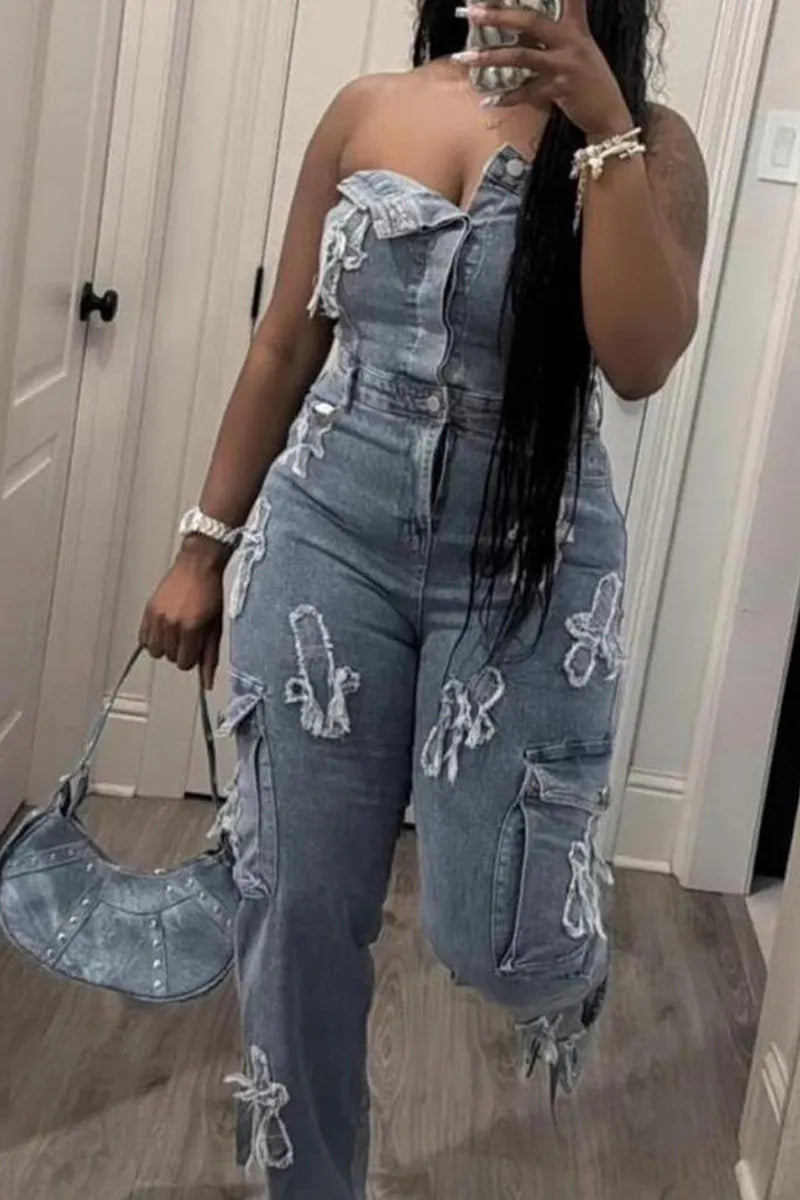 Hot Selling Sexy Strapless Denim Workwear Jumpsuit For Women