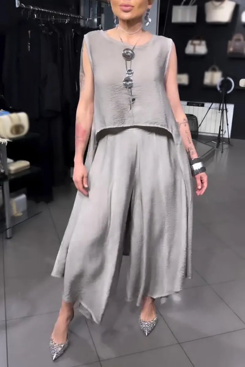 Women Round Neck Irregular Long Top+ Wide Leg Pants Loose Casual Suit