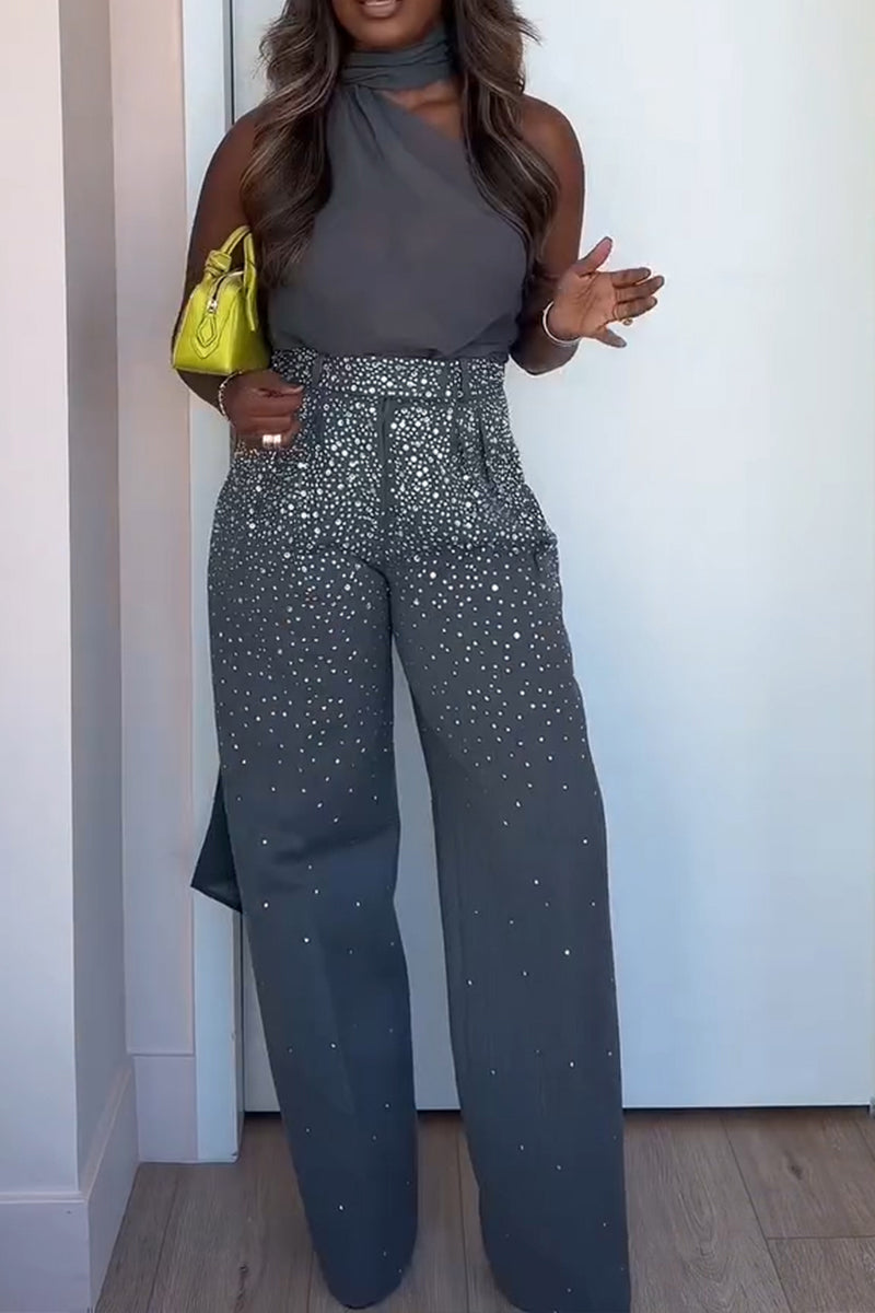 Women's Elegant Streamer Asymmetric Neckline Vest or Rhinestone Wide Leg Pants