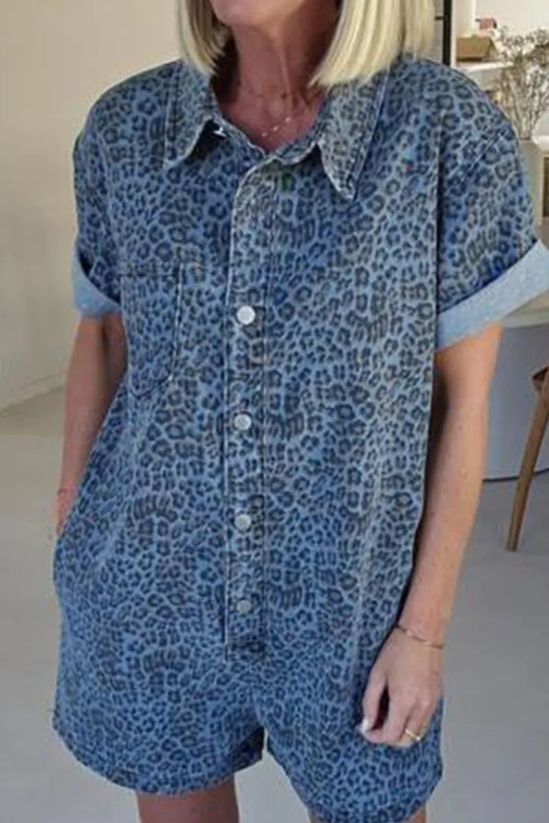 Women's Casual Printed Loose Fit Denim Jumpsuit