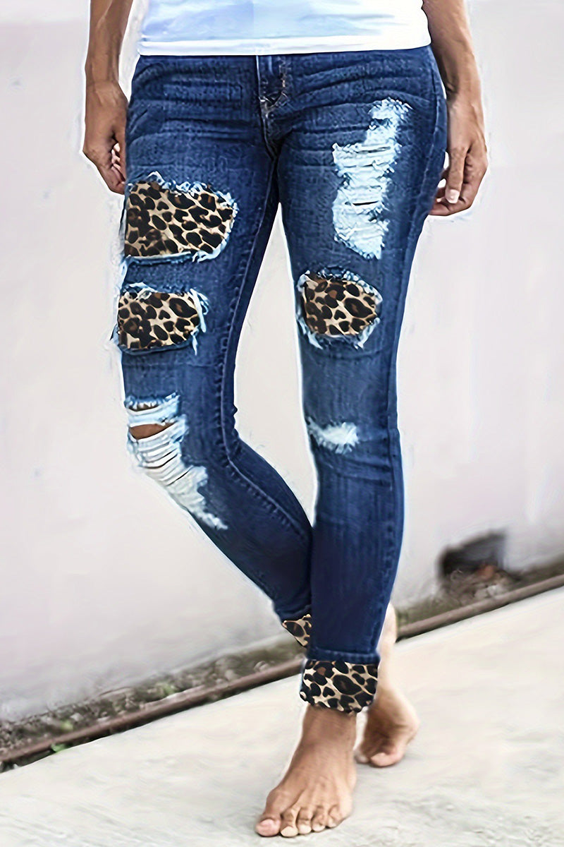 Women's Distressed Raw Hem Leopard Patch Cuffed Jeans