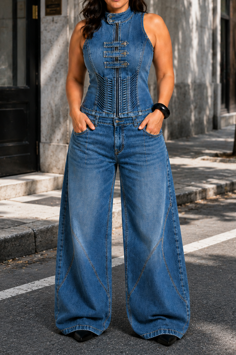 Women's Fashion Mock Neck Sleeveless Denim Jumpsuit Corset Waist Slim Fit High Waist Wide Leg One Piece Outfit