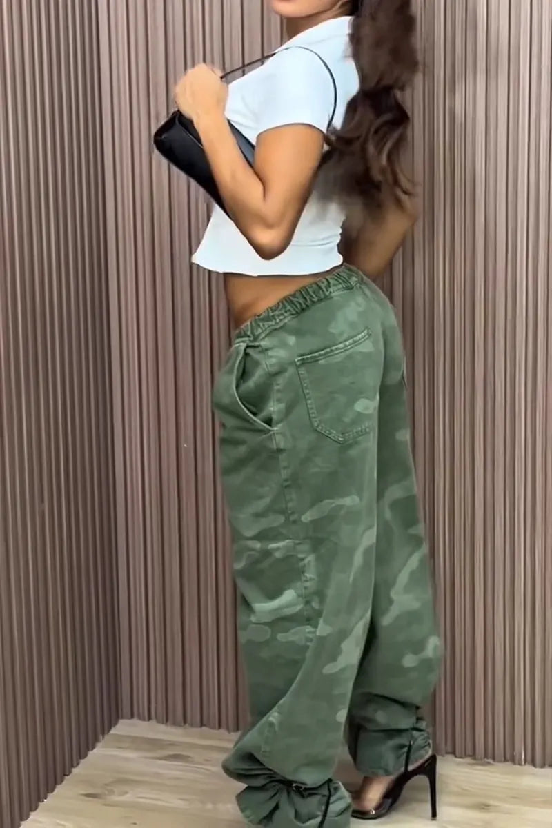 Women's Casual Stretch Waist Camo Wide Leg Jeans