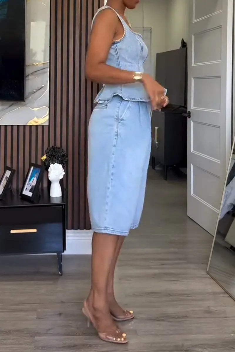 Women's Elegant Square Neck Denim Vest or Cropped Jeans