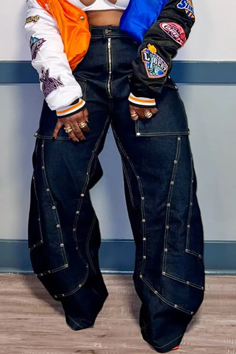 Women's Fashion Rivet Patchwork Cargo Wide Leg Jeans