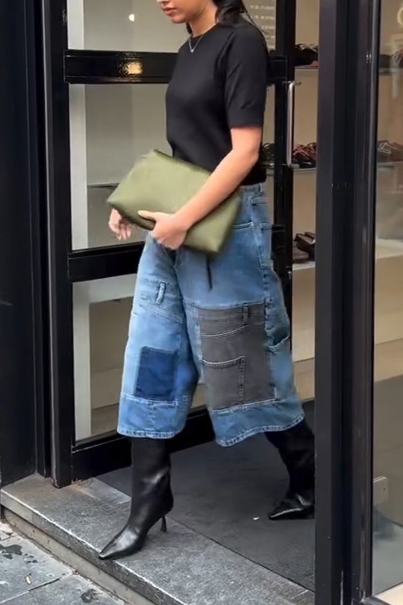 Women's Fashion Contrast Patchwork Wide Leg Cropped Jeans