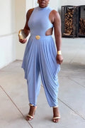 Women's Round Neck Sleeveless Patchwork Back Hollow Out Casual Jumpsuit