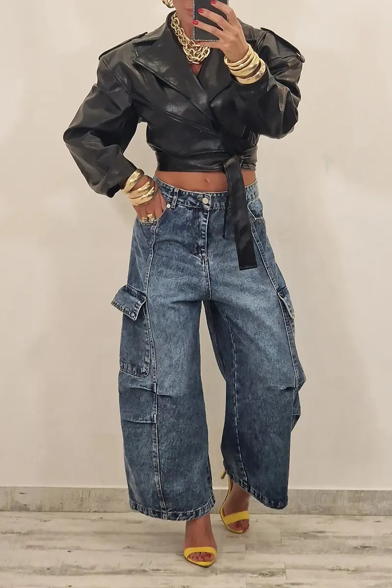 Women's Fashion Lapel Cropped Leather Jacket or Wide Leg Jeans