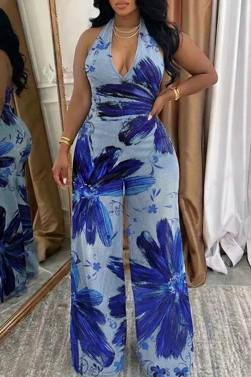 Women's Elegant Printed Backless Denim Jumpsuit