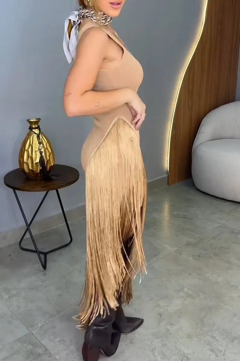 Women's Fashion Knit Asymmetric Fringe Hem Maxi Dress