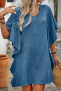 Women Light Wash Chambray Ruffle Sleeve V Neck Loose Fit Short Tunic Casual Dress