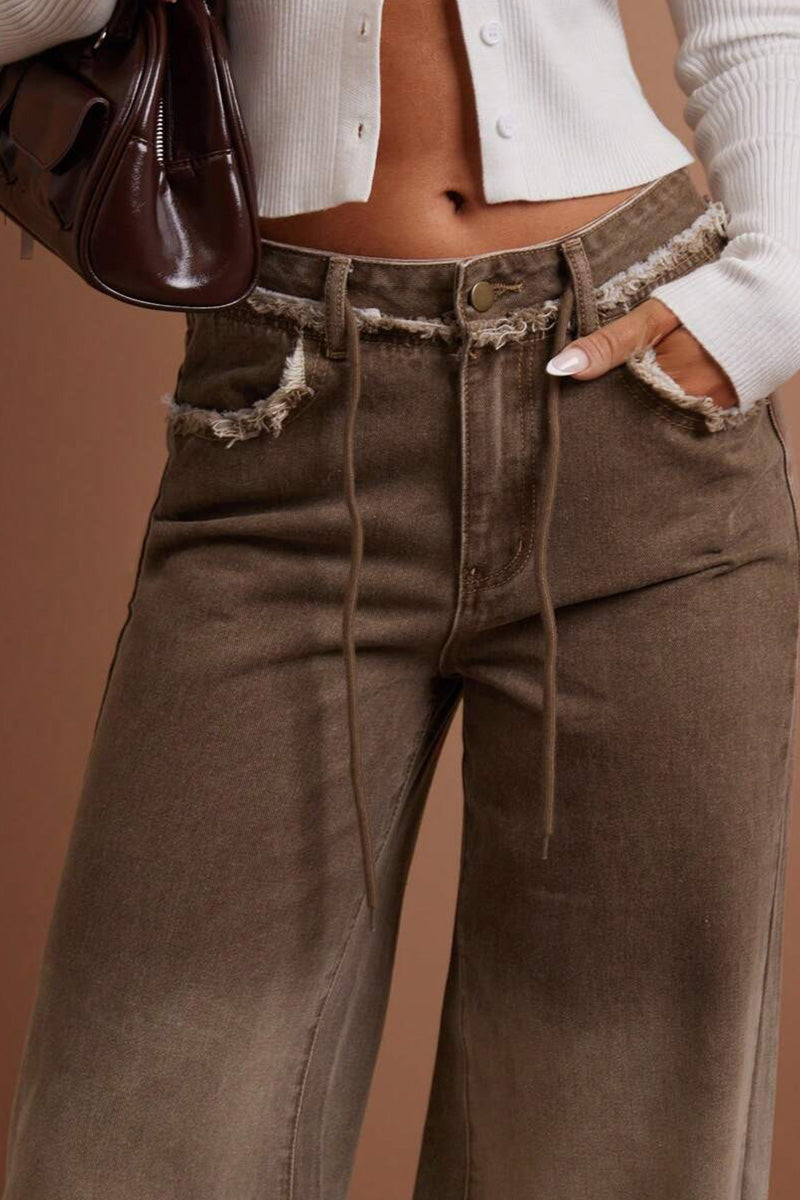 Women's Casual Front Button Pocket Frayed Hem Jeans