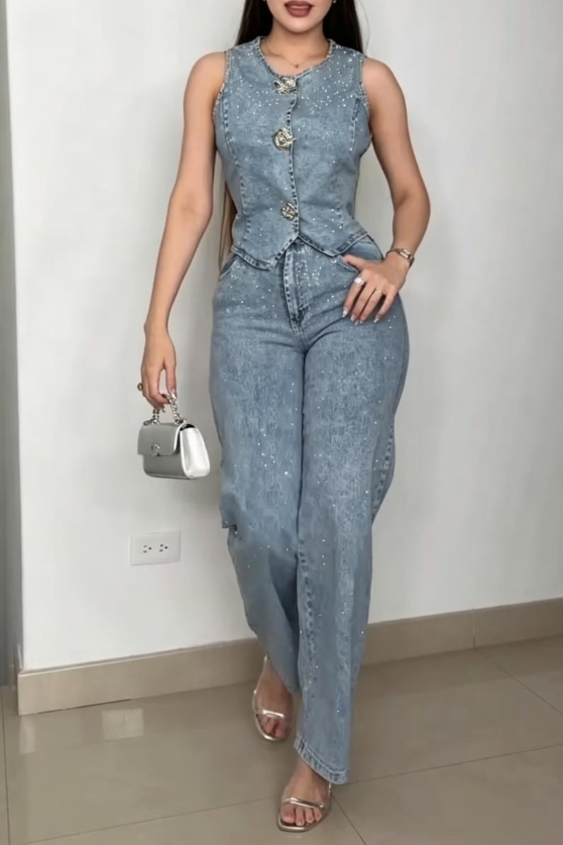 Women's Round Neck Sleeveless Rhinestone Denim Top or Jeans