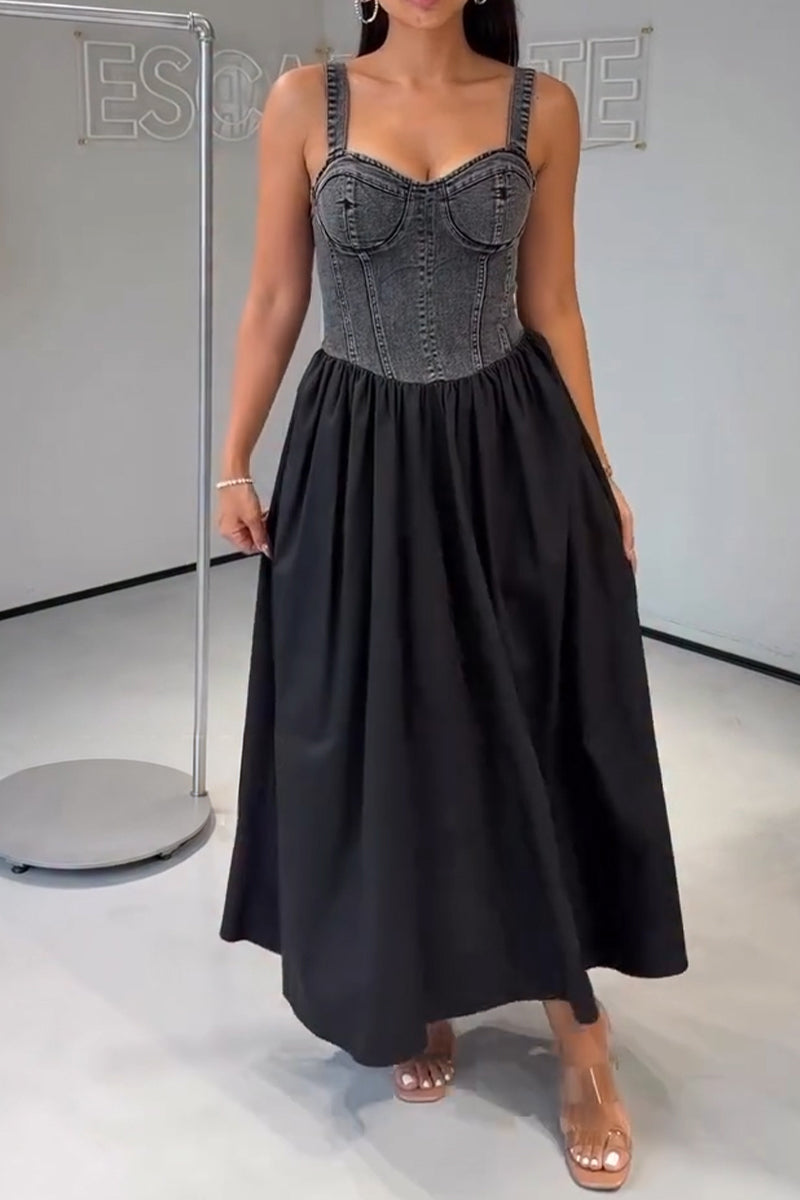 Women's Casual Denim Patchwork Maxi Dress