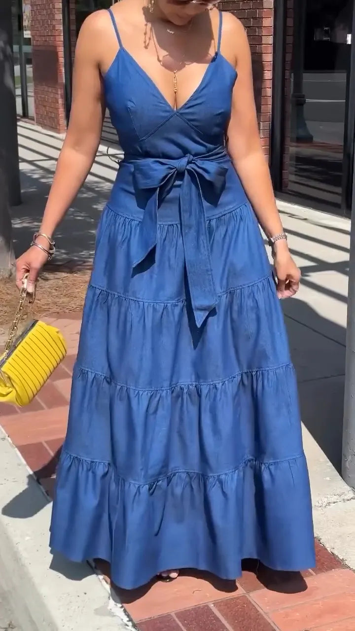 Women's Fashion Tiered Flounce-Hem Denim Dress with Belt