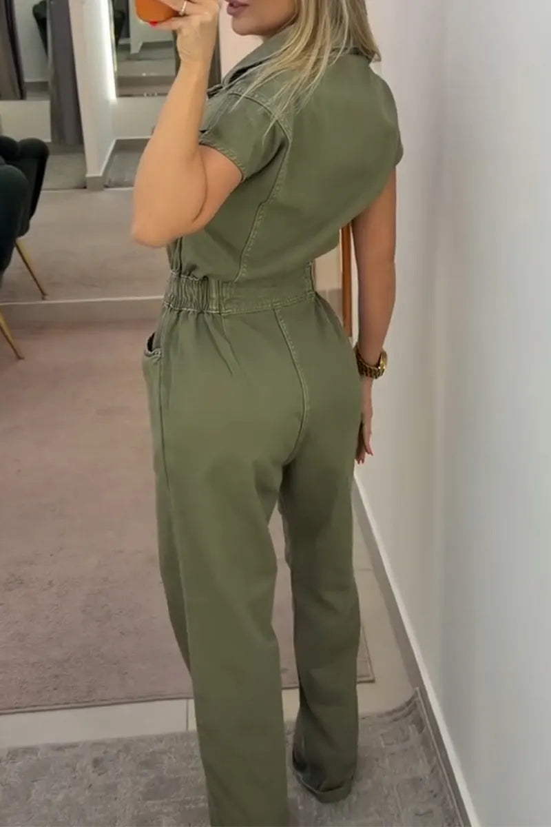 Women's Flip Collar Buckle Splicing Waist Cinching Casual Jumpsuit