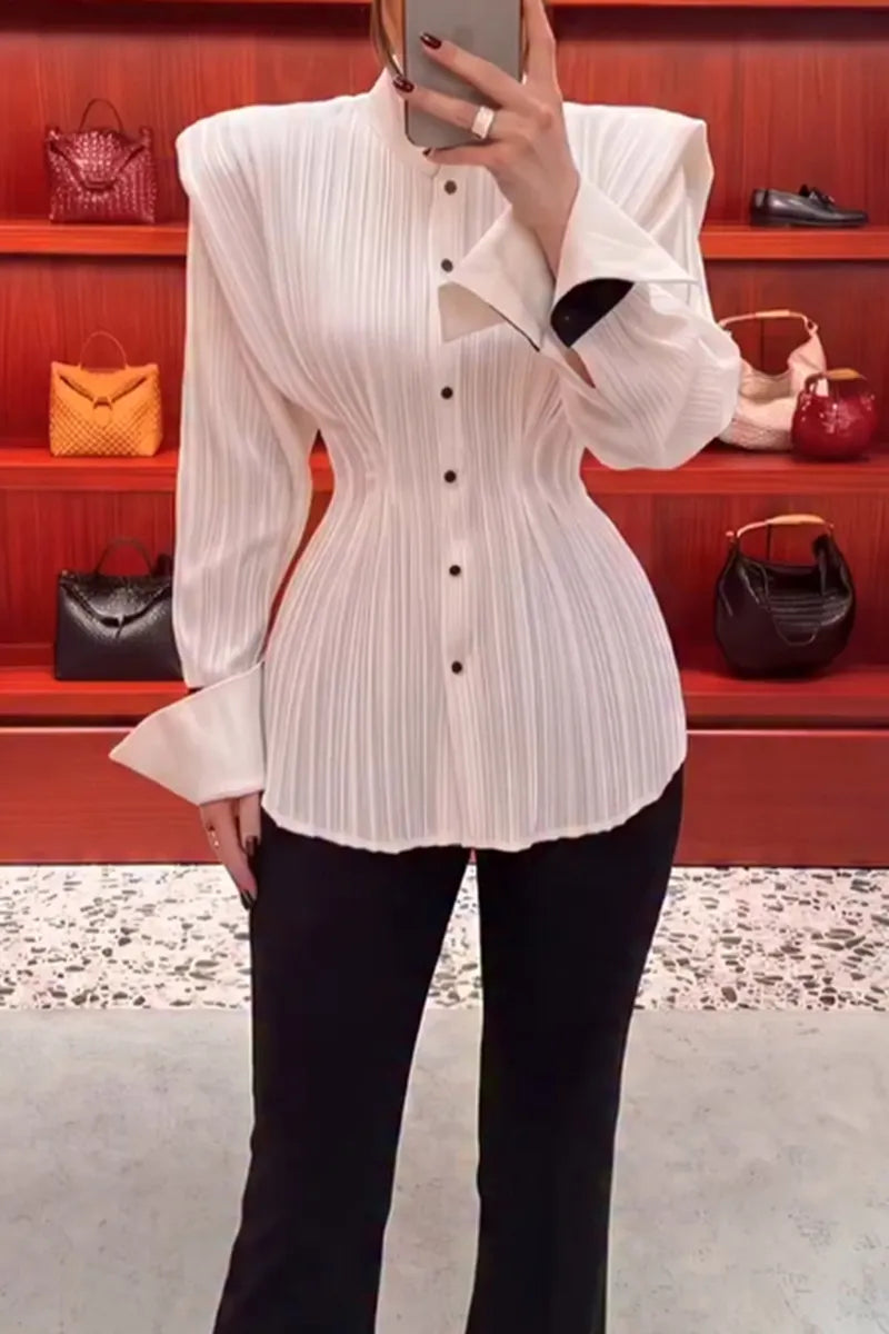 Women's Elegant Wide Shoulder Pleated Shirt or Pants