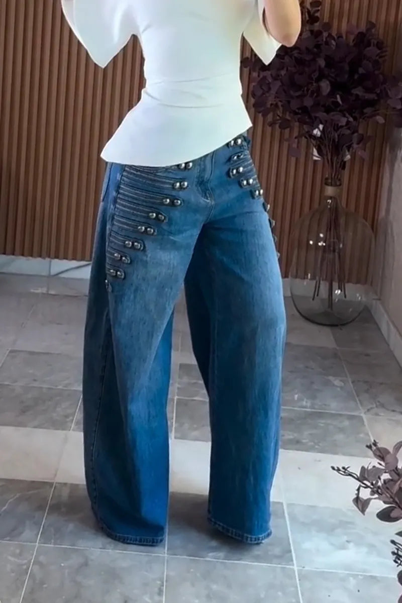 Women's Fashion Round Sleeve Top or Button Decoration Jeans