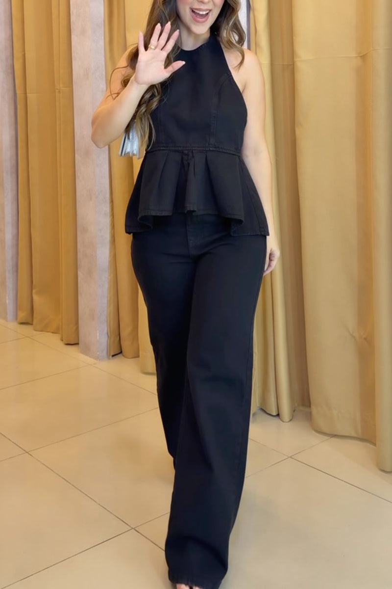 Women's Casual Backless Ruffle Hem Denim Vest or Wide Leg Jeans