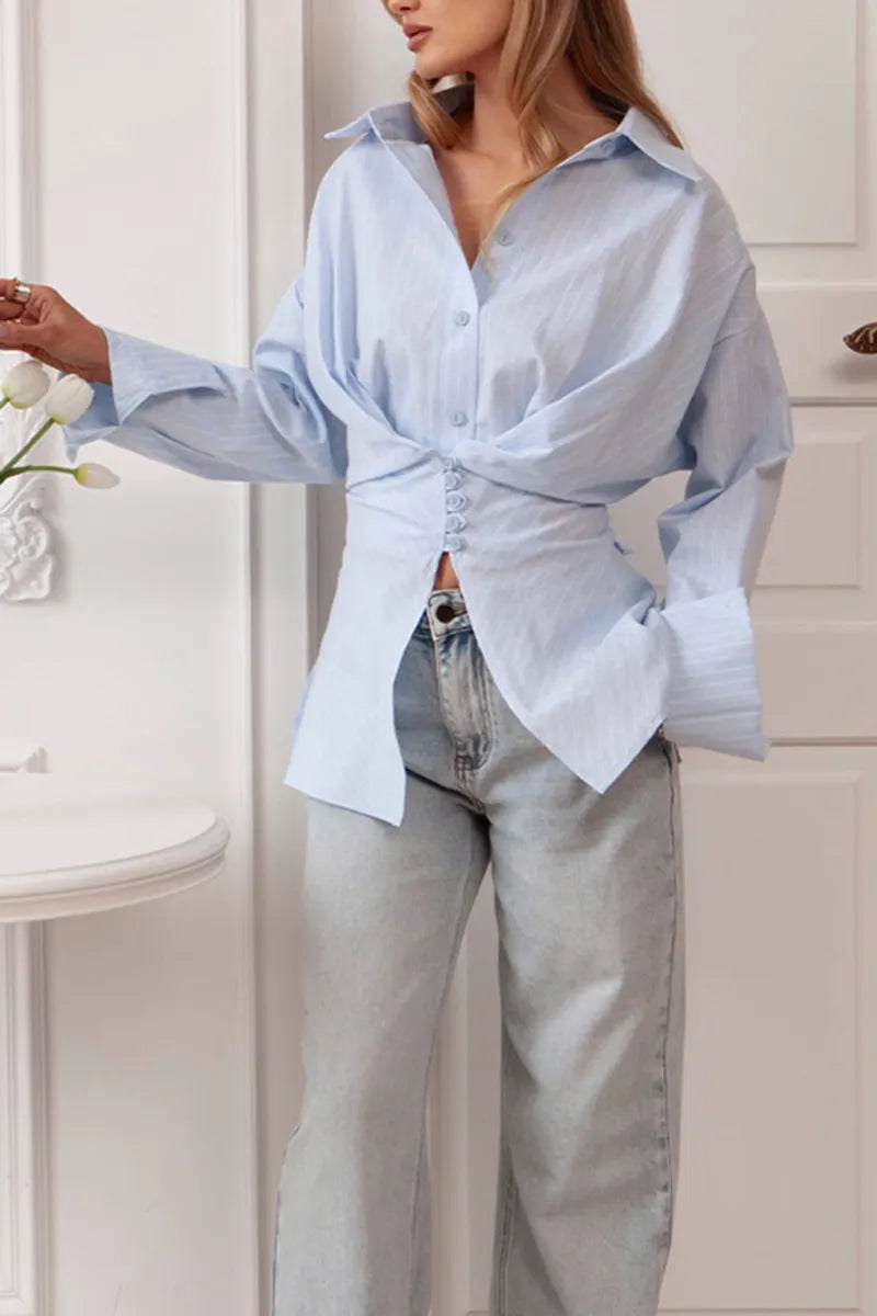 Women's Fashion Stripe Button Trim Shirts