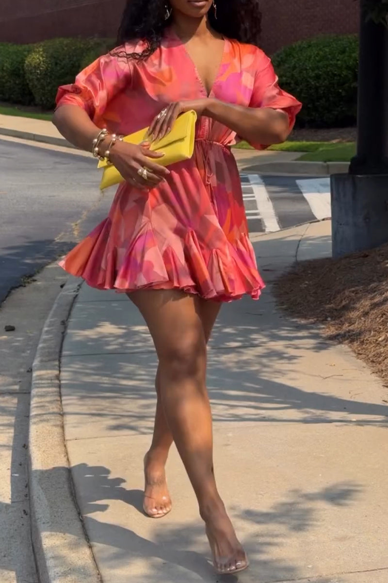 Women's Casual Print Ruffle Hem Mini Dress