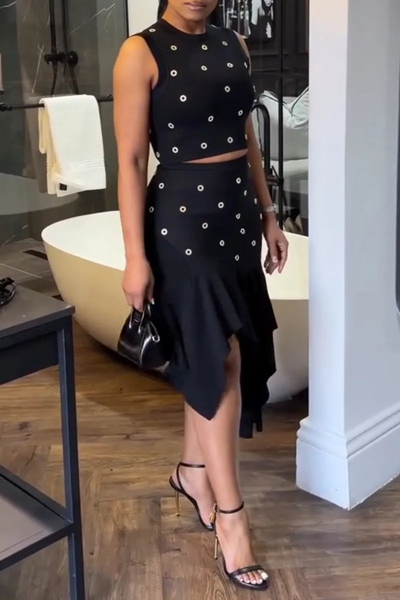 Women's Fashion Metal Cut Out Decoration Top Asymmetric Hem Skirt Two Piece Set