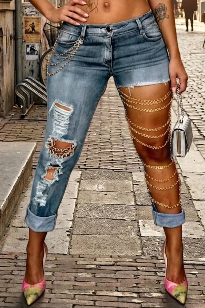 Women's Casual Skinny Jeans With Chain Design
