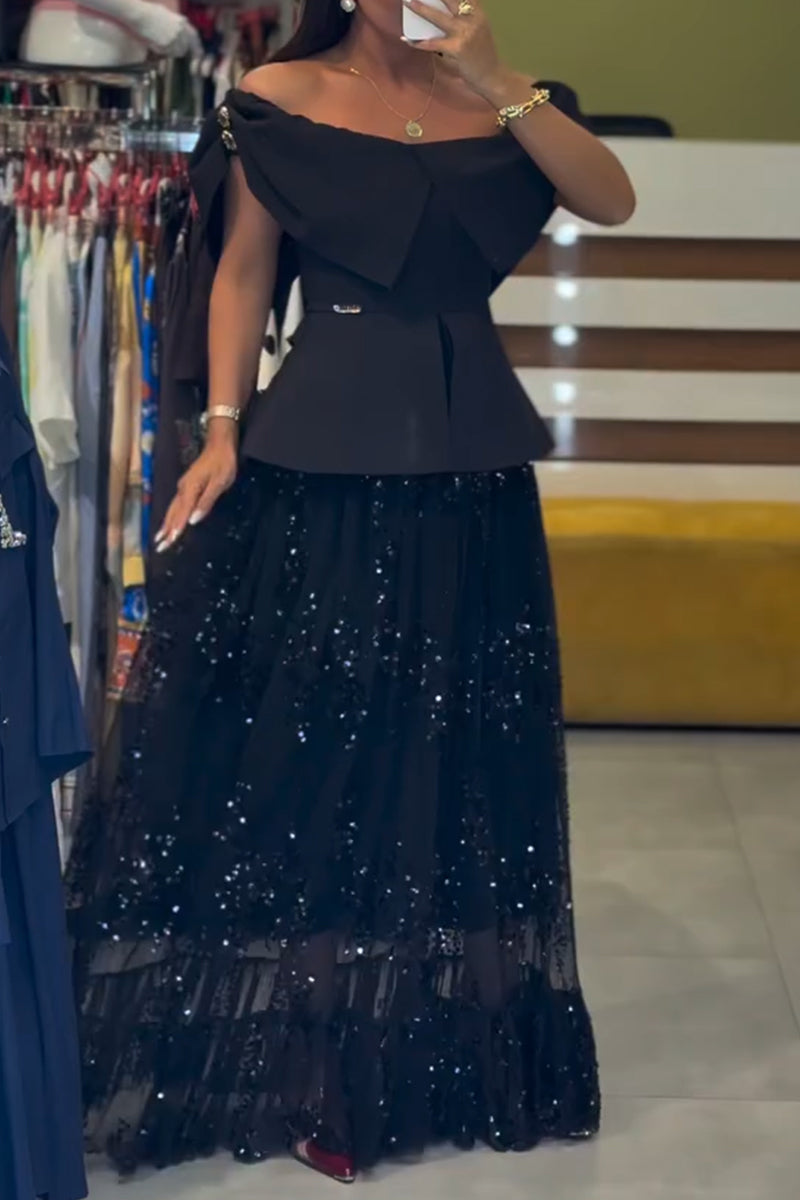 Women's Off Shoulder Waist Patchwork Top or Sequin Patchwork Elegant Half Skirt