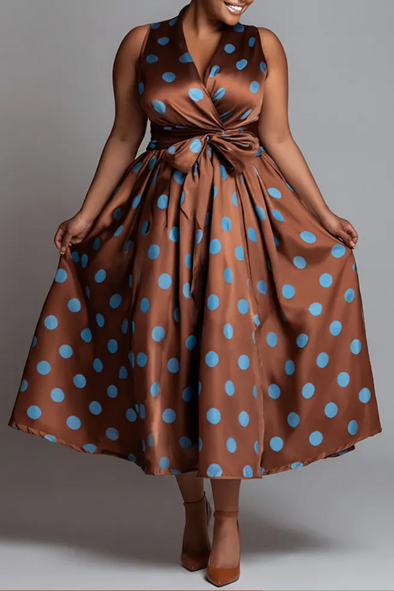 Ladies' Elegant Party Brown Polka Dot Wrapped Collar Pocket Satin Mid Length Skirt
