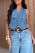 Women's V-neck Patchwork Denim Vest + Washed Denim Jeans