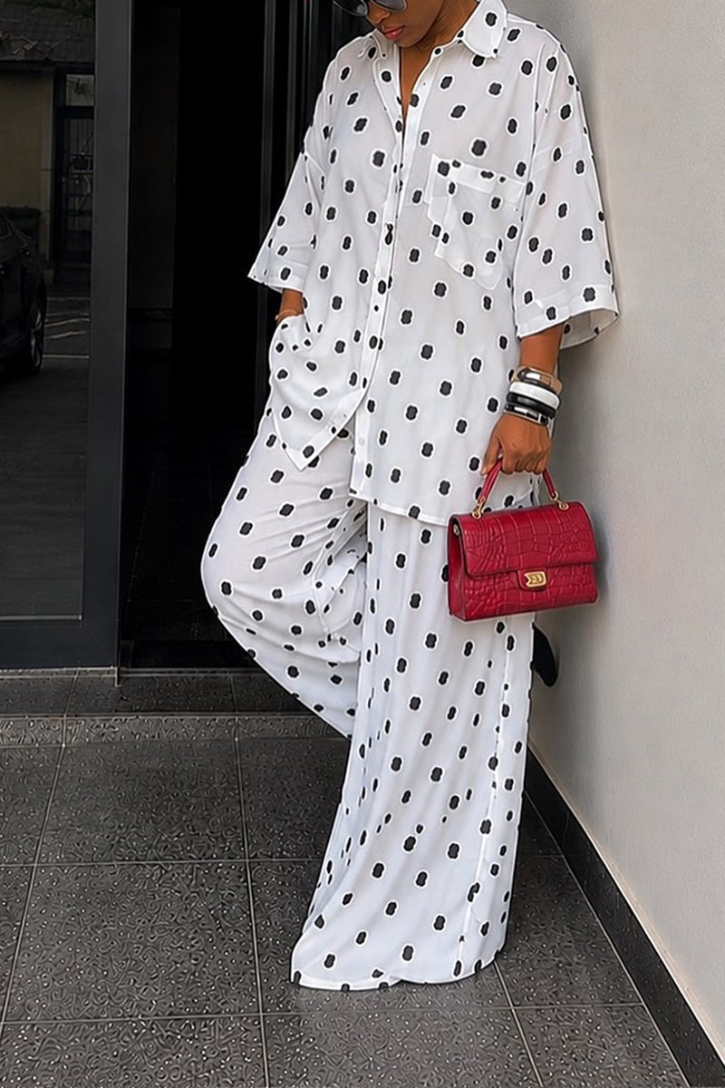 Women's Casual Loose Polka Dot Shirt Wide Leg Pants Two-Piece Set