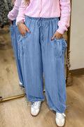 Ladies' Fashionable Casual Drawstring Elastic Waistband Pocket Loose Jeans