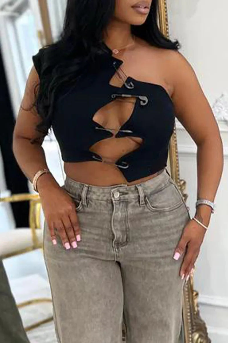 Women Irregular Pin Design Hollowed Out Sexy Casual Top