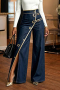 Women's Fashion Asymmetric Slit Metal Hollow-Out Jeans