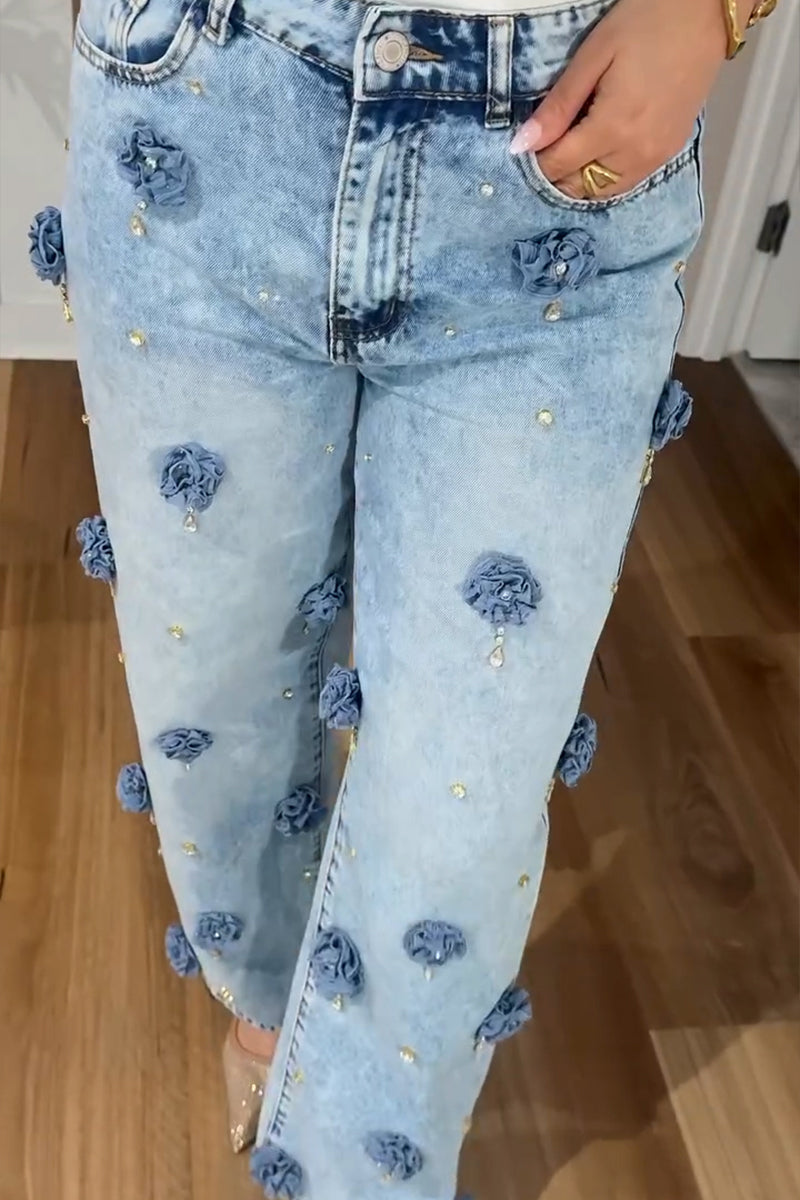 Women's Casual Flower Rhinestone Decoration Straight Jeans
