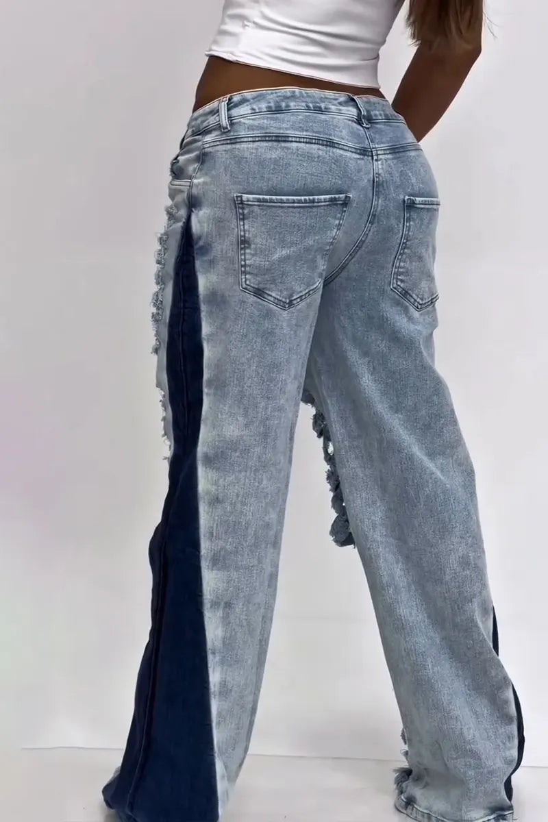Women's Casual Ripped Washed Side Color Block Jeans
