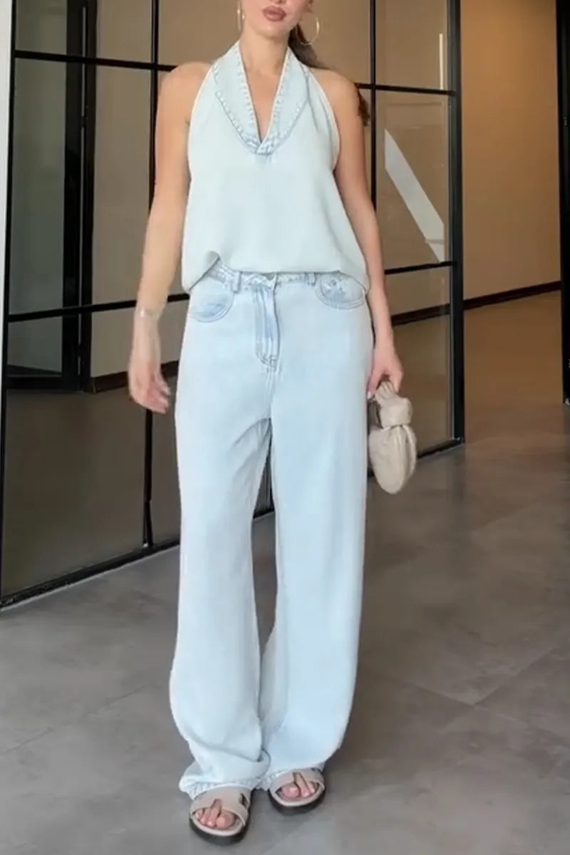Women's Casual Hanging Neck Sleeveless Top or Wide Leg Jeans